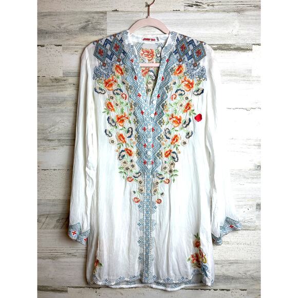 Johnny Was Women’s XS Harlow White Embroidered Sheer Tunic Blouse Top designer - Picture 4 of 10